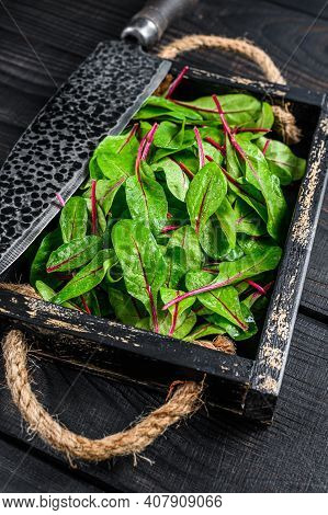 Raw Chard Leaves, Mangold, Swiss Chard In A Wooden Tray. Black Wooden Background. Top View