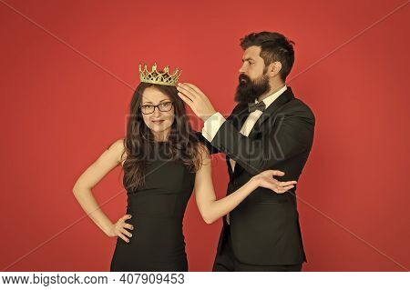 Prom Queen. Bearded Man Crown Sexy Girl. Coronation Party. Prom Couple In Formal Style. Prom Party. 