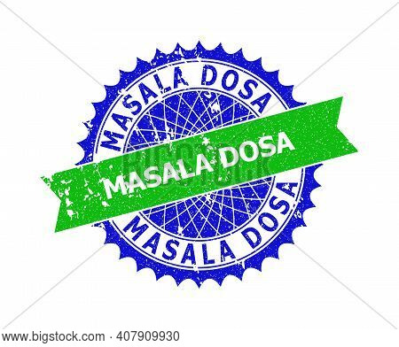 Vector Masala Dosa Bicolor Stamp Seal With Grunge Texture. Blue And Green Colors. Flat Seal Stamp Wi