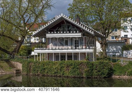 The Petrihaus In Brentanopark On The Nidda River In Frankfurt Roedelheim, Germany