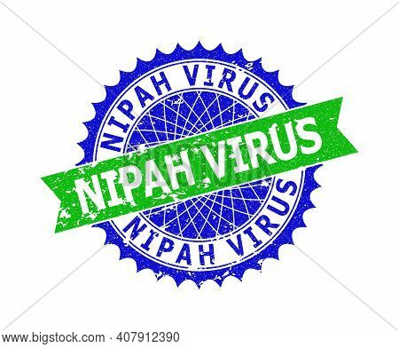 Vector Nipah Virus Bicolor Watermark With Grunged Texture. Blue And Green Colors. Flat Watermark Wit