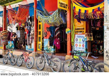 Raquira, Colombia - February 2021. Handicraft Shop At The Beautiful Small Town Of Raquira.the City O