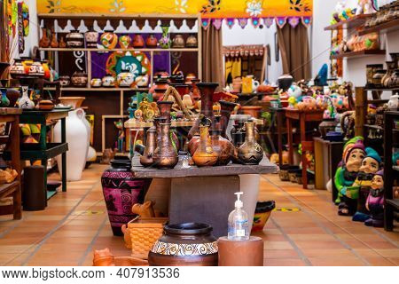 Raquira, Colombia - February 2021. Handicraft Shop At The Beautiful Small Town Of Raquira.the City O