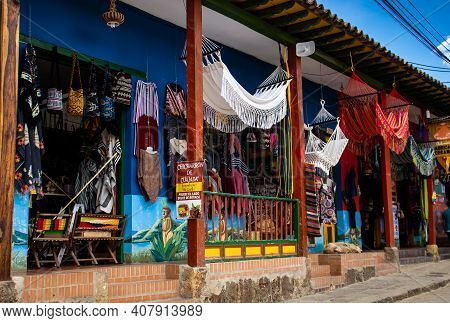 Raquira, Colombia - February 2021. Handicraft Shop At The Beautiful Small Town Of Raquira. The City