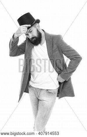 Street Performance. Man Bearded Guy Magician. Magic Trick Performance Concept. Circus Magic Trick Pe