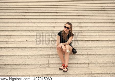 Traveling Alone. Solo Female Traveler. Tired Traveler Sit On Steps. Sexy Woman Rest On Stair. Leisur