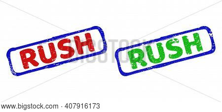Vector Rush Framed Watermarks With Grunge Texture. Rough Bicolor Rectangle Seals. Red, Blue, Green C
