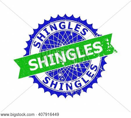 Vector Shingles Bicolor Stamp Seal With Grunged Style. Blue And Green Colors. Flat Seal Stamp With S
