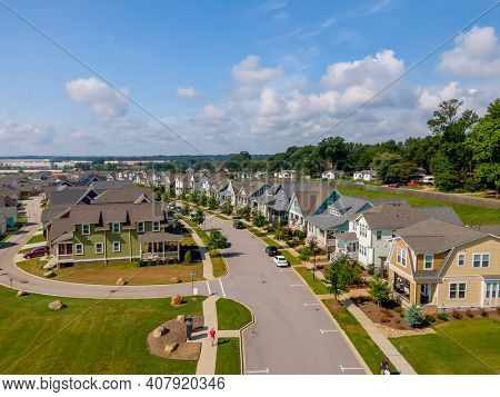 Overview of a local neighborhood from a personal drone flying through the air
