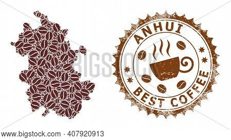 Coffee Mosaic Map Of Anhui Province And Unclean Stamp Seal. Vector Map Of Anhui Province Collage Is 