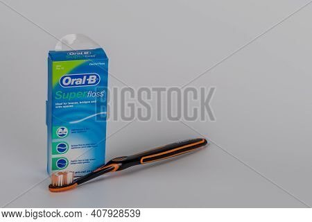 Daejeon, South Korea; Feb. 11, 2021: Box Of Oral-b Super Floss Isolated On White Background With Ora