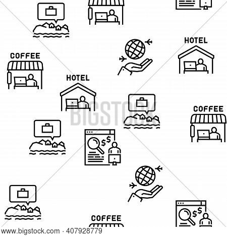Digital Nomad Worker Vector Seamless Pattern Thin Line Illustration