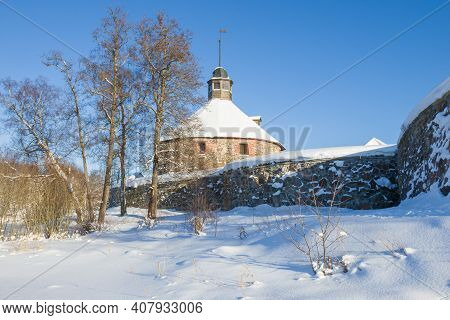 Sunny February Day At The Walls Of The Ancient Fortress Of Korela. Priozersk, Russia