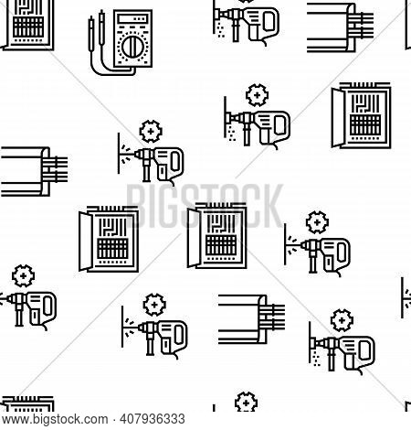 Electrical Installation Tool Icons Set Vector. Socket And Substation Automation Box Installation, Wa