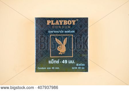 Samut Prakan, Thailand - February 15, 2021 : A Box Of Playboy Condom Size 49 Mm. Playboy Brands Of C
