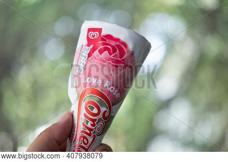 Samut Prakan, Thailand - February 15, 2021 : Ice Cream Of Unilever Heartbrand New Ice Cream Cornetto