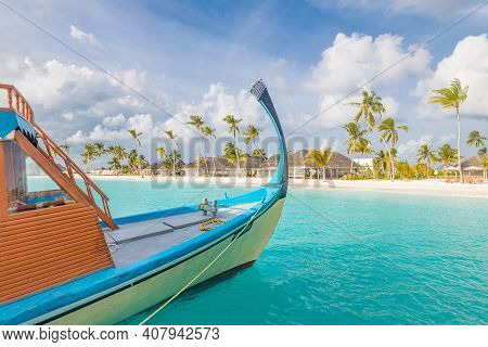 Inspirational Maldives Beach Design. Maldives Traditional Boat Dhoni And Perfect Blue Sea With Lagoo