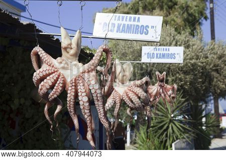 Kamiros, Rhodes / Greece - June 23, 2014: Octopus Drying In Kamiros Village, Rhodes, Dodecanese Isla
