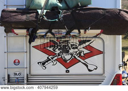 Prasonissi, Rhodes / Greece - June 23, 2014: A Camper Back With A Skull At A Cape Of Akra Prasonissi