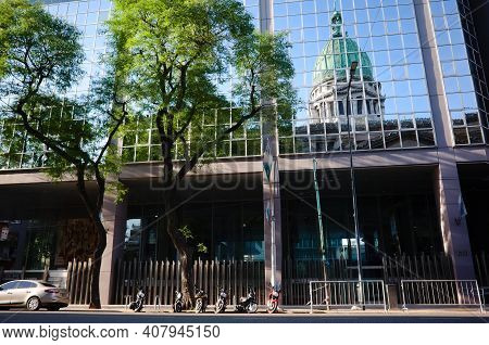 Buenos Aires, Argentina - January, 2020: Dome Of National Congress Of Argentina Building Reflected I