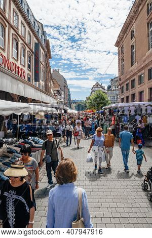 Strasbourg, France - July 29, 2017: Large Crowd Of People Walking On The Street Of Strasbourg During