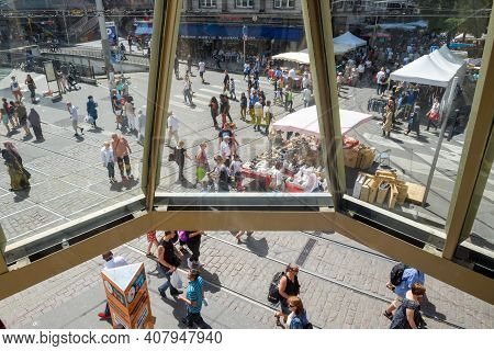 Strasbourg, France - July 29, 2017: View From Above From Steel Balcony Of Large Crowd Walking On Str