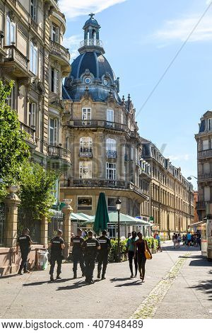 Strasbourg, France - Jul 29, 2017: Large Group Of Male Policemans From Gendarmerie Surveilling Inspe