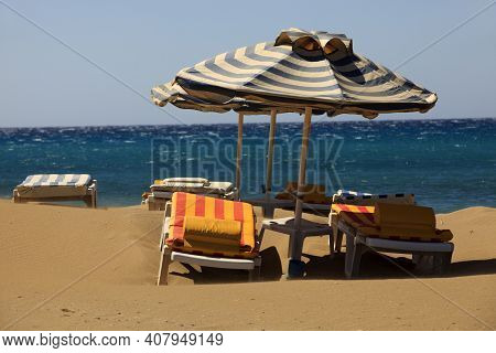 Prasonissi, Rhodes / Greece - June 23, 2014: Sun Chairs At Prasonisi Beach, Rhodes, Dodecanese Islan