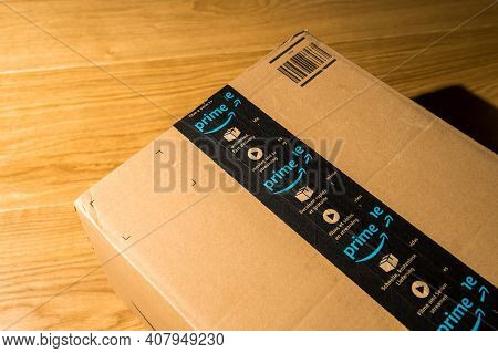 Paris, France - Jan 23, 2021: Close-up Of Double Scotch Tape On The Amazon Prime Cardboard Parcel - 