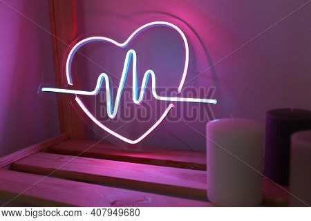 Neon Sign Pink And Blue Heart In The Decor Of The Home. Trendy Style. Neon Sign. Custom Neon. Home D