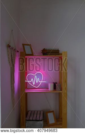 Neon Sign Pink And Blue Heart In The Decor Of The Home. Trendy Style. Neon Sign. Custom Neon. Home D