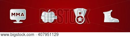 Set Fight Club Mma, Apple And Measuring Tape, Medal And Sport Boxing Shoes Icon. Vector