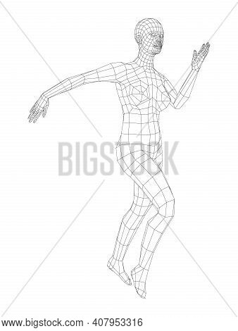 Wireframe Ballerina Or Dancer In Dance Pose. Female Dancing Salsa. Vector 3d Rendering