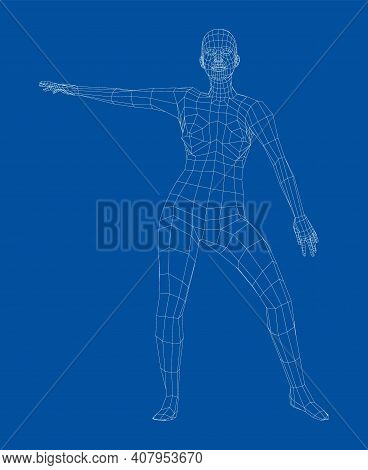 Wireframe Ballerina Or Dancer In Dance Pose. Vector 3d Rendering