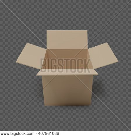 Open Box Front View. Empty Paper Parcel. Isolated Realistic Carton. Vector Illustration