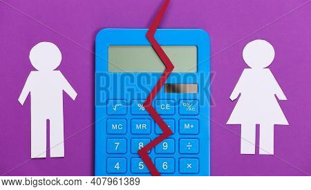 Divorce. Property Division. Split Paper Man And Woman, Broken Calculator On Purple Background