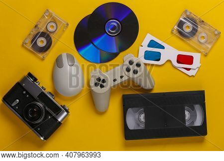 Retro Entertainment. Attributes, Gadgets 80s. Keyboard, Pc Mouse, Compact Discs, Gamepad, Anaglyph G