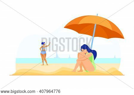 Depressed Woman On Sea Beach. Sad Girl Sitting On Sand Under Umbrella Flat Vector Illustration. Majo