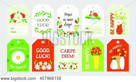 Trendy Tags Design With Flowers. Bright Graphic Elements With Greeting Text And Floral Elements. Flo