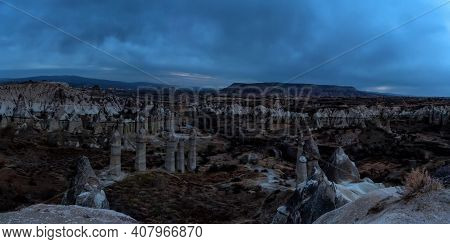 Panoramic Photo Of Amazing Rocks In Love Valley In Cappadocia, Goreme, Turkey