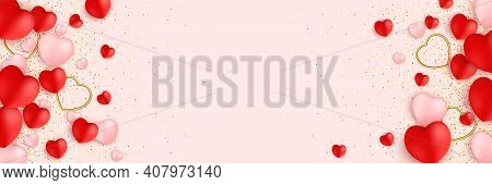 Vector Happy Valentines Day Greeting Card With Sparkling Glitter Gold Textured Hearts On Red Backgro