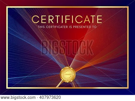 Certificate Template With Guilloche Pattern (lines), Frame Border And Gold Medal. Blue And Red Backg