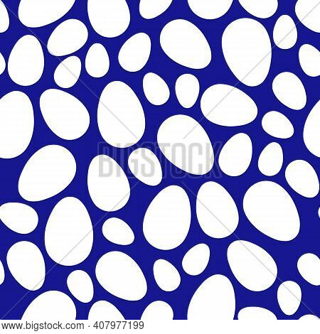 Happy Easter Seamless Pattern With White Eggs On Classic Blue Background. Polka Dots Design For Card