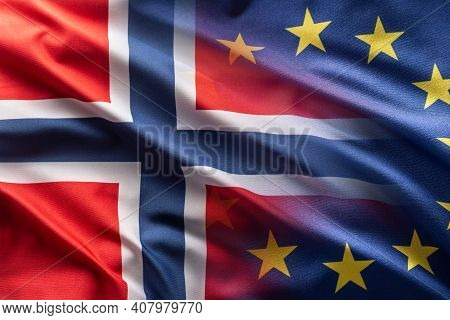 Flags Of Norway And Eu Blowing In The Wind.