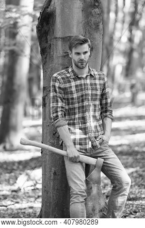Relax After Work. Spend Picnic Weekend In Forest. Man Ready For Splitting Wood And Cutting Firewood 