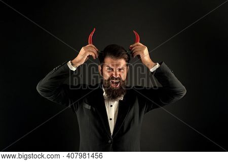 His True Essence. He Is Devil In Business. Businessman Has Red Pepper Horn. Barbershop Hell Concept.
