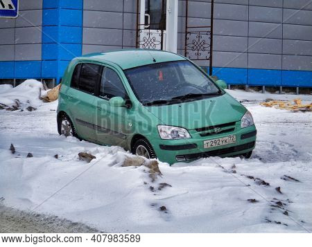 Kazakhstan, Ust-kamenogorsk, January 16, 2020: Hyundai Getz. Winter Snow. Grunge