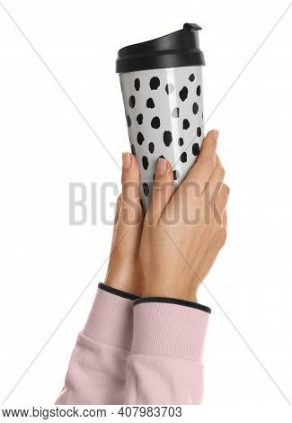 Woman Holding Elegant Thermocup On White Background, Closeup