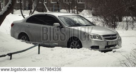 Kazakhstan, Ust-kamenogorsk,  February 7, 2020: Chevrolet Epica. Gray Car. Winter Snow