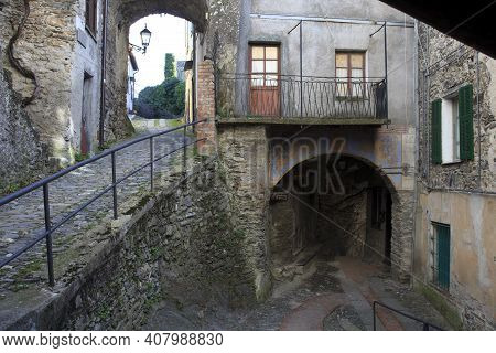 Triora (im), Italy - February 15, 2017: Old Houses Details In The Witches Village Of Triora, Imperia